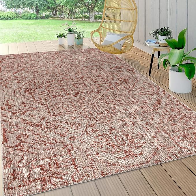 JONATHAN Y Boho Medallion Indoor Outdoor Area Rug 4X6 Red/Taupe, Estrella Textured Weave for Backyard, Patio, Porch, Easy-Cleaning, High Traffic, Pet-Friendly, Non-Shedding (SMB105A-4)
