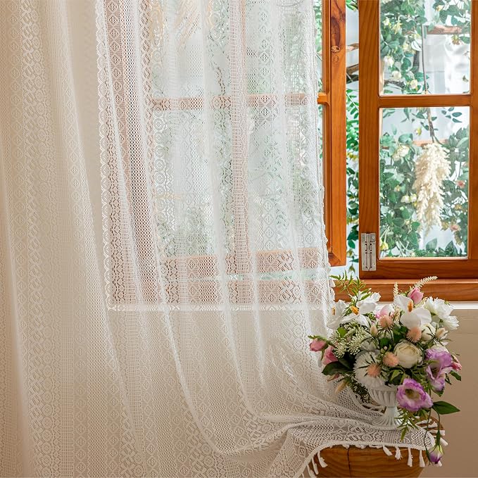 Sutuo Home White Boho Lace Curtains 72 Inches Long for Nursery Bedroom, Sheer Curtains Privacy Crochet Light Filtering Vintage Chic Tassels Bohemian Window Treatments Cream Rod Pocket, 2 Panels 50" W