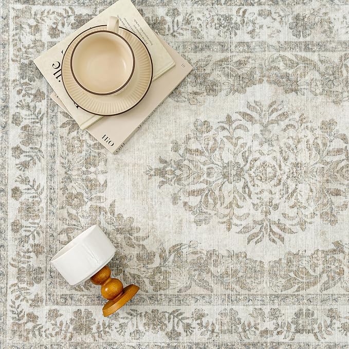 PureCozy 2x6 Runner Rug Beige Washable Hallway Kitchen Bedroom Vintage Distressed Bathroom Non Slip Medallion Floral Carpet Indoor Retro Throw Floor Mat for Office Dining Laundry Living Room