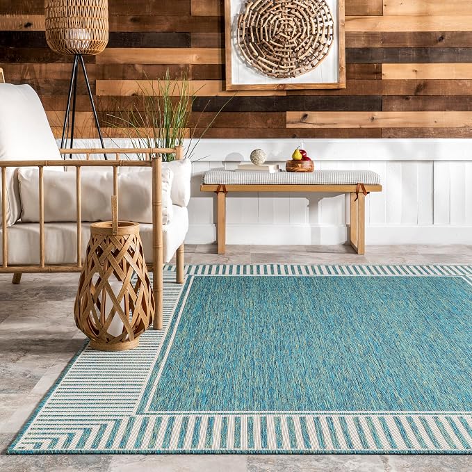 Nuloom Asha Teal/Ivory, 6'7" x 9', Casual, Striped Border, Soft and Cozy, High Traffic, Easy Clean, Durable Area Rug for Indoor/Outdoor Patio, Deck, Porch, Garden, Courtyard