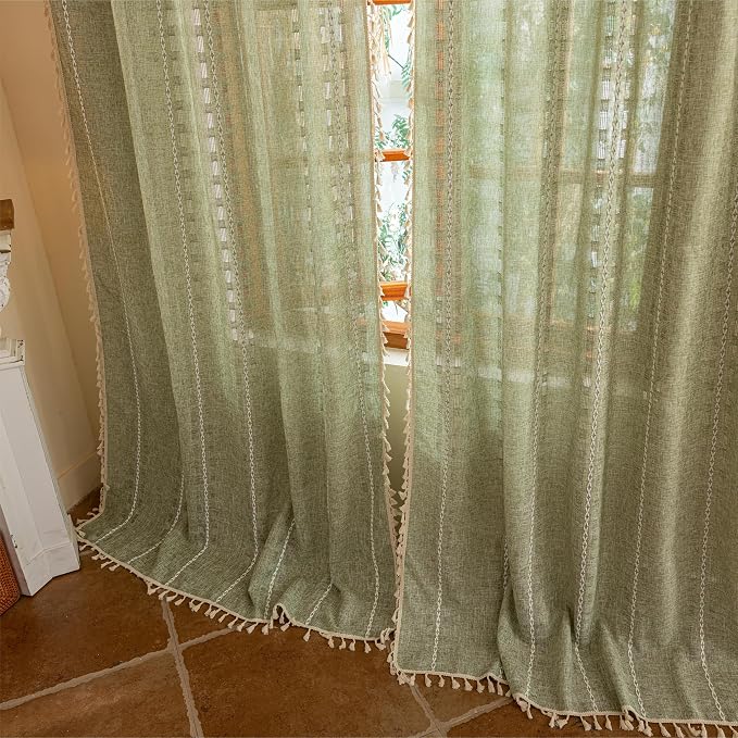 Boho Curtains for Bedroom Living Room Floor to Ceiling, Light Filtering Tassels Privacy Country Vintage Christmas Bohemian Stripes Window Treatment Back Tab, 2 Panels 50" x 90" Sage Green