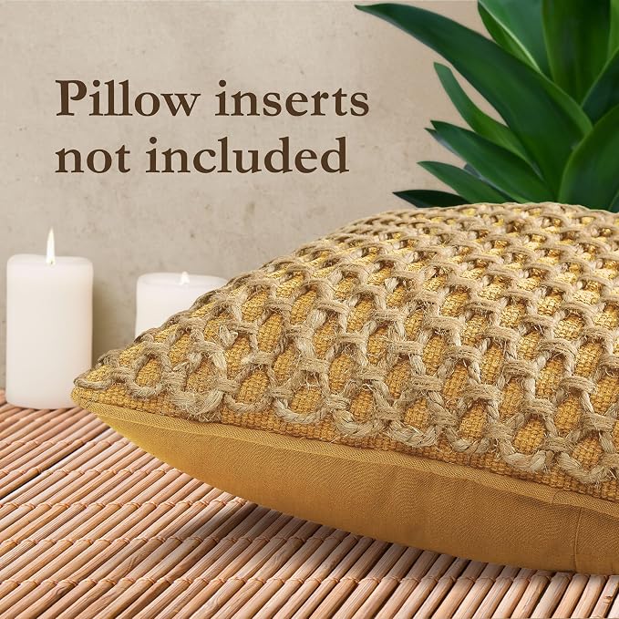Boho Living Jada Premium Woven Design, Decorative Throw, Living Room Décor, (2) 20" x 20" Pillow Covers, Mustard Yellow 2 Count