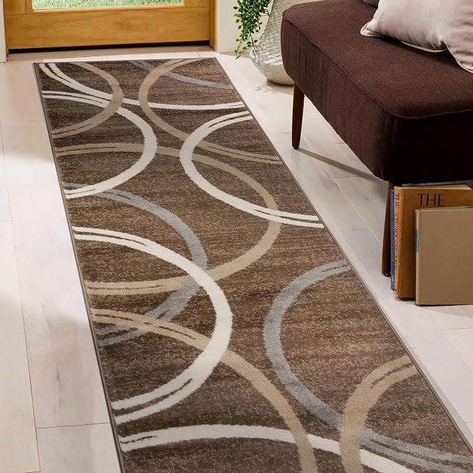 Rugshop Wavy Circles Modern Jute Backing Runner Rug Brown 2' x 7'2"