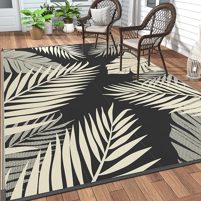 GENIMO Outdoor Rug 5' x 8' Waterproof for Patios Clearance, Reversible Outdoor Plastic Straw Camping Rug Carpet, Large Area Rugs Mats for RV, Picnic, Backyard, Deck, Balcony, Porch, Beach, Black&Beige | Outside Larger Leaf Carpet Mat for Porch Decor, D...