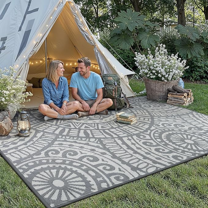 HUGEAR 8x10 Outdoor Boho Rug Grey Patio Waterproof Rug Home Decor Reversible Plastic Straw Rugs Outside Indoor Floor Mat for Camping Balcony RV Deck Porch Pool Backyard