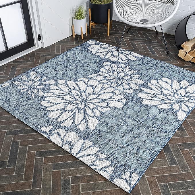 JONATHAN Y Floral Textured Weave Indoor Outdoor Square Area Rug 5X5 Navy/Aqua, Zinnia Modern for Backyard, Patio, Porch, Easy-Cleaning, High Traffic, Pet-Friendly, Non-Shedding (SMB110C-5SQ)