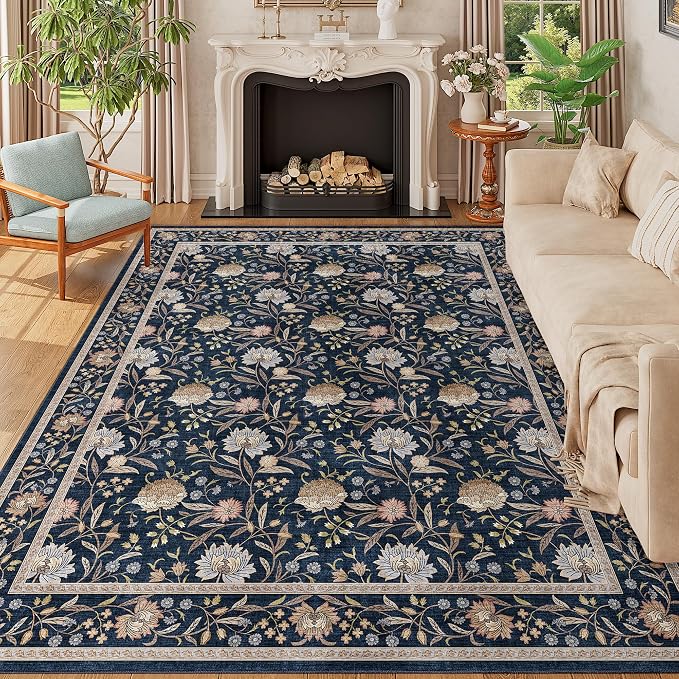 DUKINO 8x10 Area Rug Vintage Floral Washable Rug for Living Room, Navy Blue | Non Slip, Low Pile, Non-Shedding, Stain Resistant Boho Soft Indoor Large Carpet for Bedroom Dining Room Farmhouse, Home Decor
