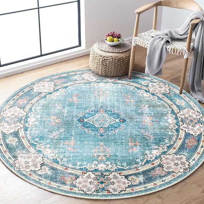 MUJOO Teal Round Rug 4ft Small Circle Washable Area Rug Non Slip Floral | Circular Rugs for Bedroom Living Room Entryway Bathroom Bedroom Boho Throw Carpet Soft Low Pile Indoor Flowers Blue Colorful