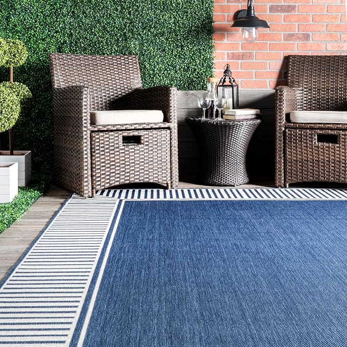 Nuloom Asha Navy/Ivory, 9'6" x 12', Casual, Striped Border, Soft and Cozy, High Traffic, Easy Clean, Durable Area Rug for Indoor/Outdoor Patio, Deck, Porch, Garden, Courtyard