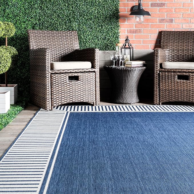 Nuloom Asha Navy/Ivory, 8' Square, Casual, Striped Border, Soft and Cozy, High Traffic, Easy Clean, Durable Area Rug for Indoor/Outdoor Patio, Deck, Porch, Garden, Courtyard