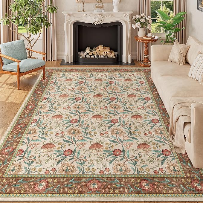 DUKINO 8x10 Area Rug, Vintage Floral Washable Rugs for Living Room, Brown | Non Slip, Low Pile, Non-Shedding, Stain Resistant Boho Soft Indoor Large Carpet for Bedroom Dining Room Farmhouse, Home Decor