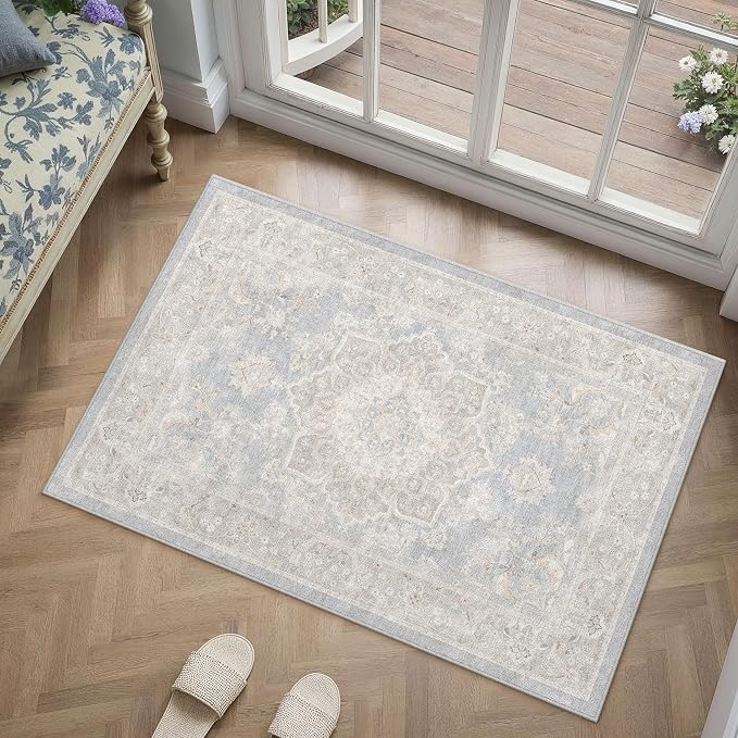 PureCozy 2x3 Washable Small Entryway Rug Blue Vintage Oriental Medallion | Non Slip, Soft Low Pile, Door Mat for Bathroom, Indoor Entrance, Kitchen, Retro Decor