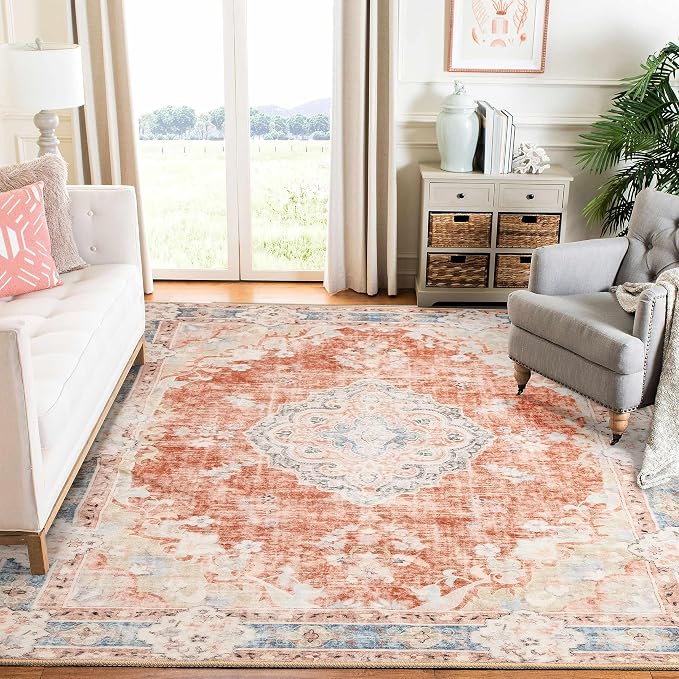 MUJOO 6x9 Area Rugs Washable Rug Non Slip Low-Pile Floral Large | Machine Washable Throw Carpet for Living Room Bedroom Dining Room Soft Indoor Vintage Abstract Flowers Orange Navy Blue