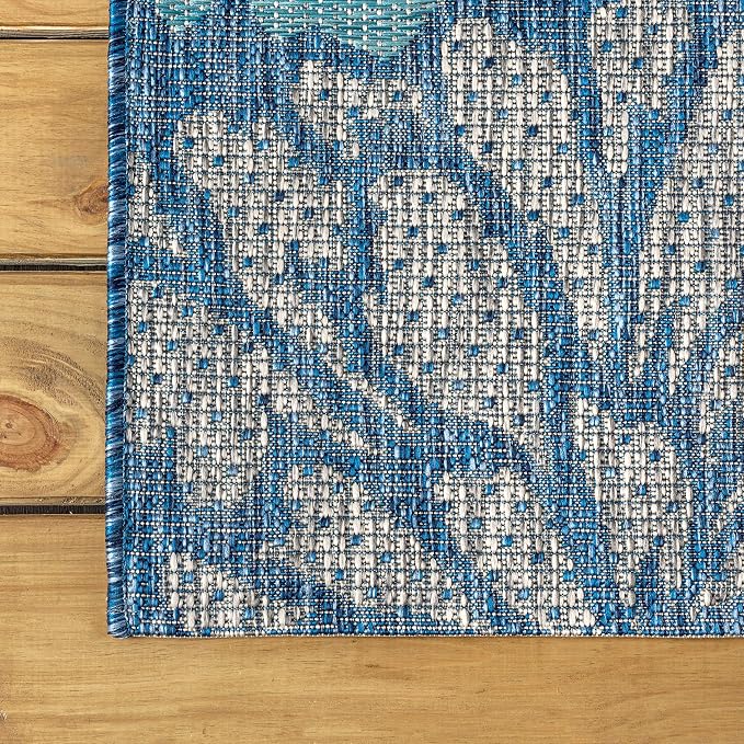 JONATHAN Y Floral Textured Weave Indoor Outdoor Round Area Rug 6 Ft Navy/Aqua, Zinnia Modern for Backyard, Patio, Porch, Easy-Cleaning, High Traffic, Pet-Friendly, Non-Shedding (SMB110C-6R)