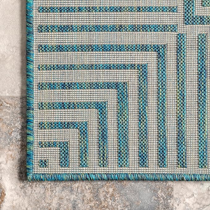Nuloom Asha Teal/Ivory, 8' x 10', Casual, Striped Border, Soft and Cozy, High Traffic, Easy Clean, Durable Area Rug for Indoor/Outdoor Patio, Deck, Porch, Garden, Courtyard