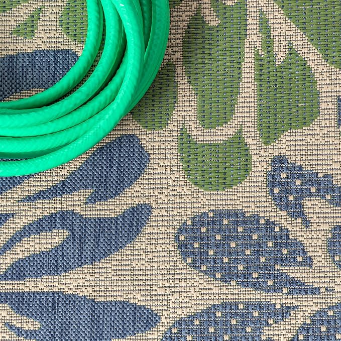 JONATHAN Y Floral Textured Weave Indoor Outdoor Square Area Rug 6X6 Navy/Green, Zinnia Modern for Backyard, Patio, Porch, Easy-Cleaning, High Traffic, Pet-Friendly, Non-Shedding (SMB110B-6SQ)