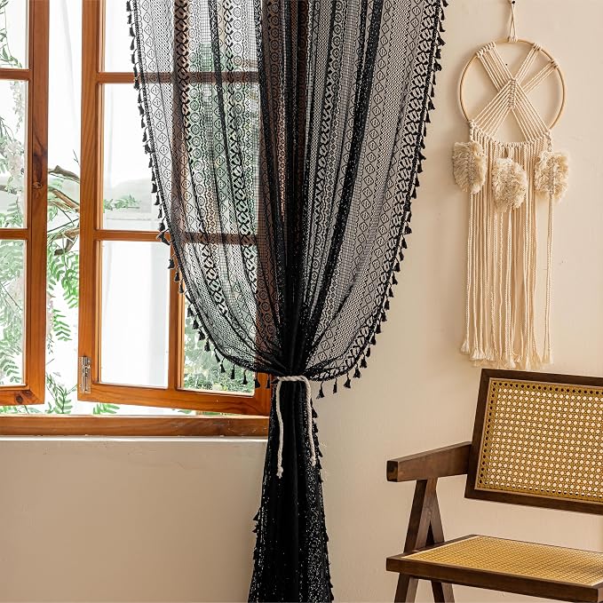 Sutuo Home Black Boho Lace Curtains 96 inches long for Living Room Dining Room, Semi Sheer Curtains Farmhouse Privacy Crochet Vintage Chic Tassels Bohemian Style Rod Pocket Retro Decor, 2 Panels 50" W