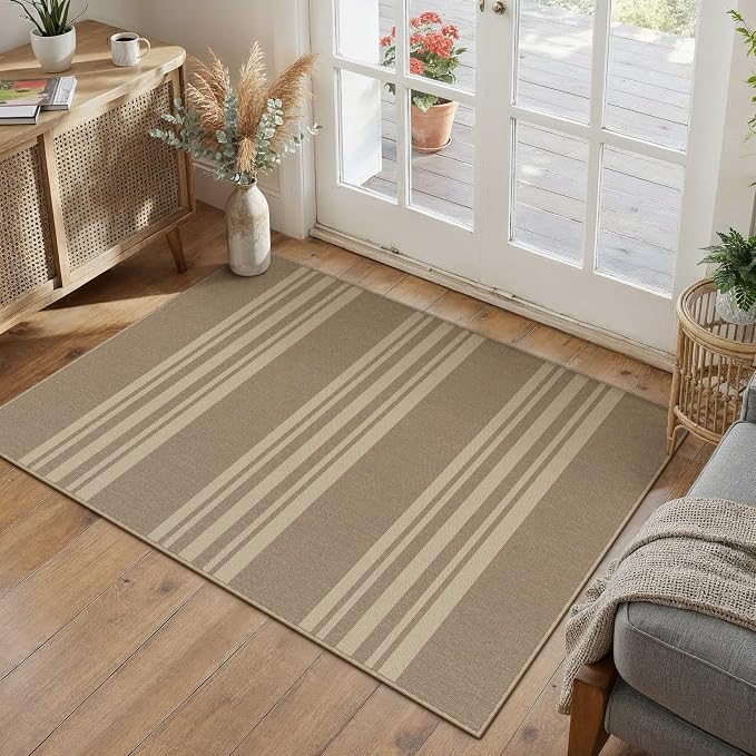 PureCozy Outdoor Rug 2x3 Washable Striped Jute Look Non Slip Mat | Khaki Stripe Farmhouse Design, Indoor Outdoor Entryway Door Mat for Kitchen, Mudroom and Bathroom, Non Shedding, Easy Care