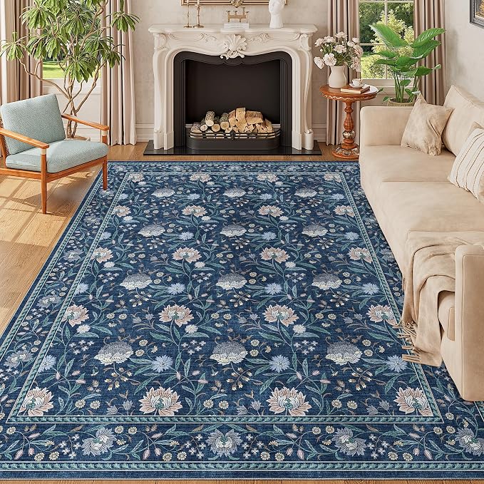 DUKINO 8x10 Area Rug Vintage Floral Washable Rug for Living Room, Dark Blue | Non Slip, Low Pile, Non-Shedding, Stain Resistant Boho Soft Indoor Large Carpet for Bedroom Dining Room Farmhouse, Home Decor