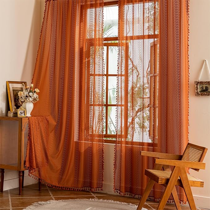 Sutuo Home Boho Sheer Curtains 63 Inch Length for Kitchen Nursery, Lace Curtains Burnt Orange Crochet Vintage Country Tassels Bohemian Privacy Rustic Geometry Rod Pocket, 2 Panels 50" x 63" Terracotta