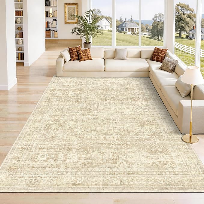 Beige Living Room Rugs 8x10, Neutral Vintage Boho Carpet for Bedroom | TTelephant Washable Low Pile Nursery Indoor Area Rug for Dining Room with Non-Slip Silicone Backing, Non-Shedding