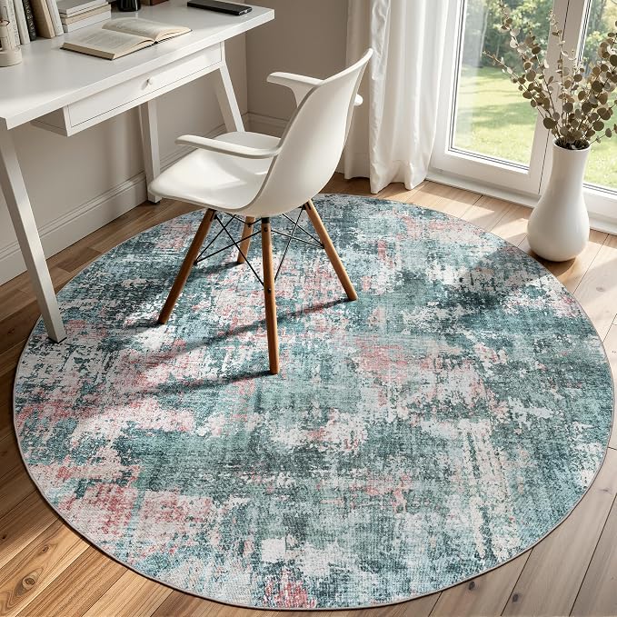 Sasttie 4ft Soft Round Area Rug, Modern Abstract Washable Circle Carpet for Living Room, Bedroom, Dining Room Table, with Non-Slip Backing, Pink and Green