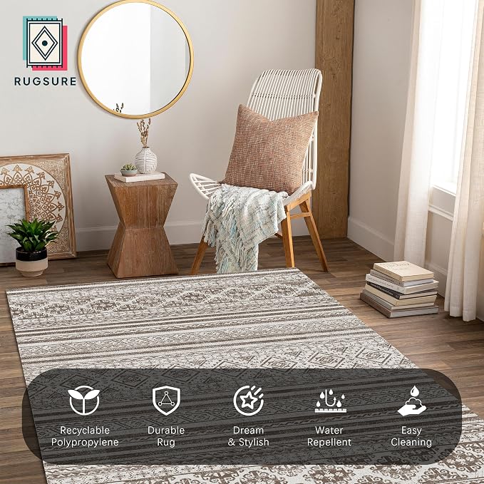 RUGSURE Washable Area Rugs 6' x 9' - 1/6 Thick - Moroccan-Inspired -Stain & Water Resistant Non-Slip - Resistant Rug for Living Room, Bedroom, Nursery, Pet & Child Friendly (Brown)