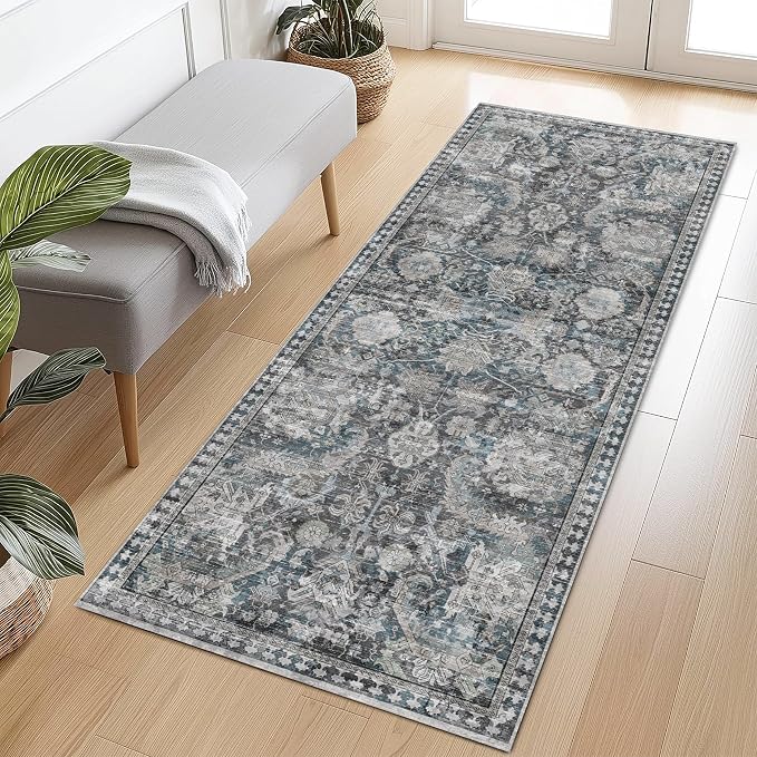 RUGSURE Washable Area Rugs - Perfect for Living Room, Bedroom, Kids Room, Nursery - Stain & Water Resistant Non-Slip, Pet & Child Friendly, Vintage Tribal Area Rugs (Grey and Bule, 2'6'' x 8')
