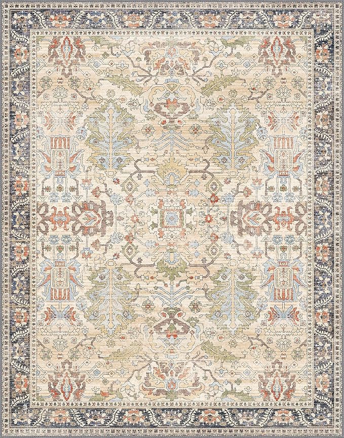 Bavni Washable Area Rugs 8'x10' Clearance for Living Room Boho Tumble Vintage Large Carpet Farmhouse Non Slip Thin Distressed Rug for Bedroom Dinning Room, Ivory Beige Blue Multi
