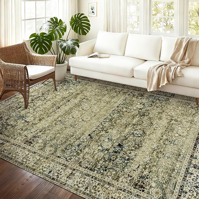 BILEEHOME Olive and Tan Rug for Bedroom Neutral Boho Farmhouse Floral Distressed Style Carpet Washable Soft Non Slip Area Rugs for Living Room Home Office,5x8