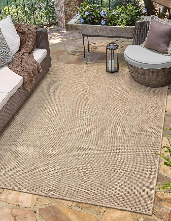 Angela Easy Jute Indoor Outdoor Rug, 5x7 Neutral Solid Jute Look, Polyester, Durable & Easy Care Outdoor Farmhouse Carpet for Patio, Porch, Living Room (5' x 7', Natural)