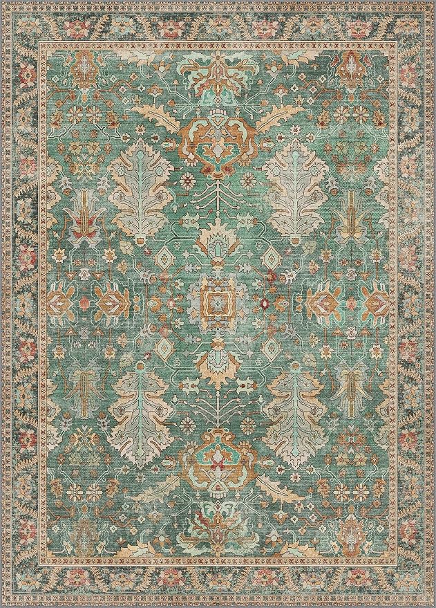 Bavni 10x14 Area Rugs for Living Room, Machine Washable Rug Lightweight Low Pile, Chenille Non Slip Rug Boho Print Decorative Carpet for Bedroom Dinning Room, Sage/Gold