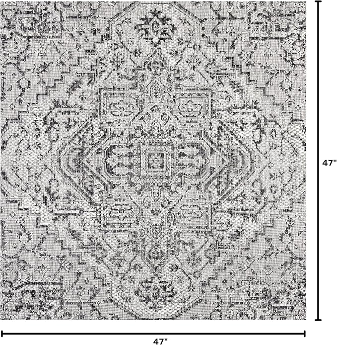 JONATHAN Y Boho Medallion Indoor Outdoor Square Area Rug 4X4 Black/Gray, Estrella Textured Weave for Backyard, Patio, Porch, Easy-Cleaning, High Traffic, Pet-Friendly, Non-Shedding (SMB105D-4SQ)