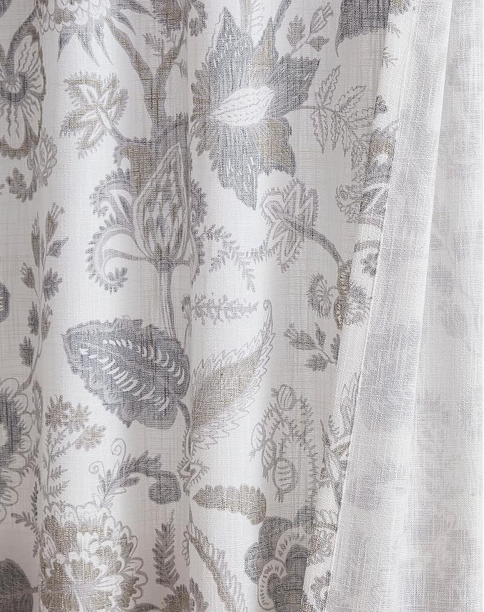Kayne Studio Backtab Rod Pocket Jacobean Floral Semi Sheer Curtains Botanical Leaf Printed Vintage Farmhouse Linen Grey Light Filtering Window Treatment Sets Living Room Bedroom,52"x90",2 Panels