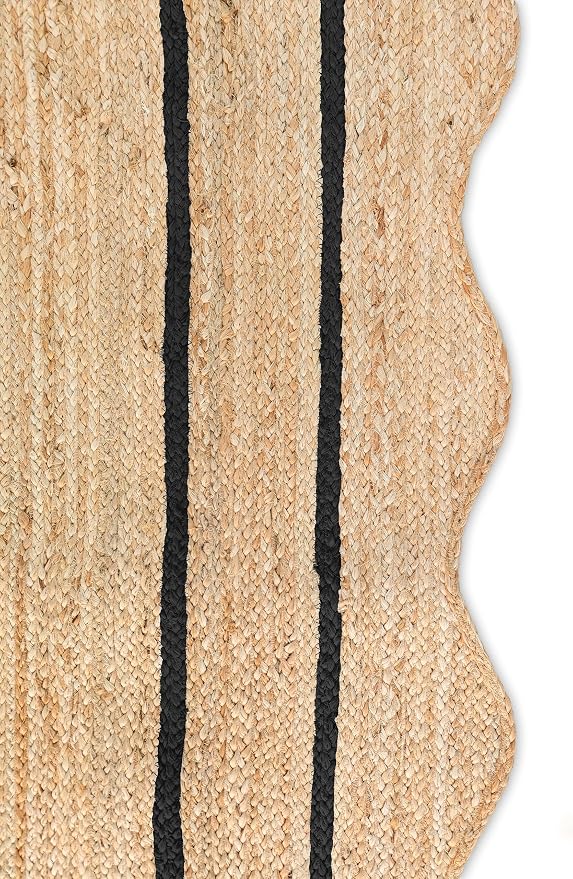 Wave Scalloped Natural Jute Runner, Black (2'x12'): Boho Farmhouse Scallop Entryway Rug