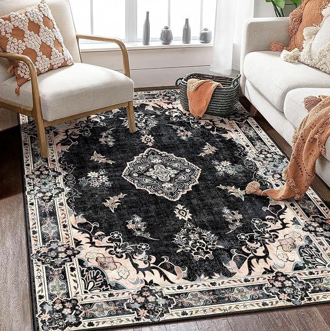 MUJOO Black Rug 4'x6.5' Area Rugs Boho Washable Non Slip Low-Pile Floral | Machine Washable Throw Carpet for Bedroom Living Room Office Entryway Small Soft Floor Indoor Vintage Bohemian Flowers