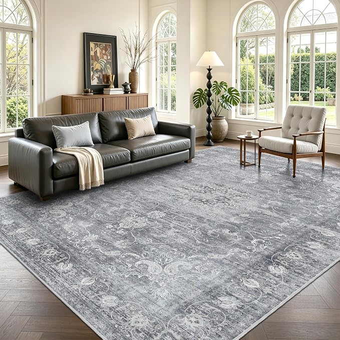 8x10 Area Rugs for Living Room, Vintage Boho Carpet for Bedroom, Gray | TTelephant Washable Low Pile Indoor Area Rug for Dining Room with Non-Slip Silicone Backing, Stain Resistant