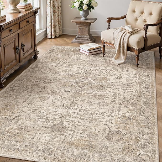 HUGEAR 5x7 Area Rug Beige Machine Washable Rug Room Decor Vintage Distressed Living Room Rugs Non Slip Low Pile Soft Carpet for Bedroom Office Dining Room Soft Lightweight