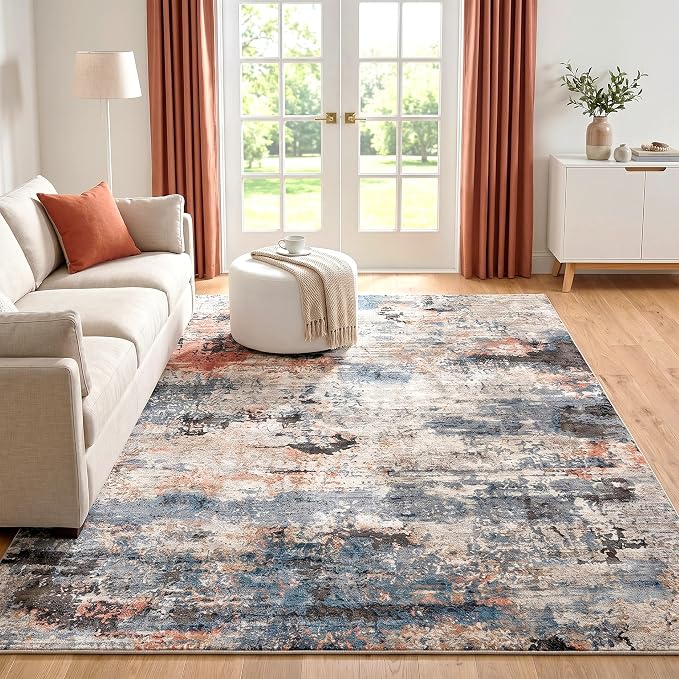 Low Pile Area Rug for Home Office Under Desk, Washable Abstract Carpet Robot Vacuum Compatible 0.3 Inch Cotton-Backed Non-Slip Silicone Grip Dining Room Mat, Terracotta Blue, 5'x7'