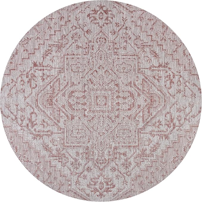 JONATHAN Y Boho Medallion Indoor Outdoor Round Area Rug 3 Ft Red/Taupe, Estrella Textured Weave for Backyard, Patio, Porch, Easy-Cleaning, High Traffic, Pet-Friendly, Non-Shedding (SMB105A-3R)