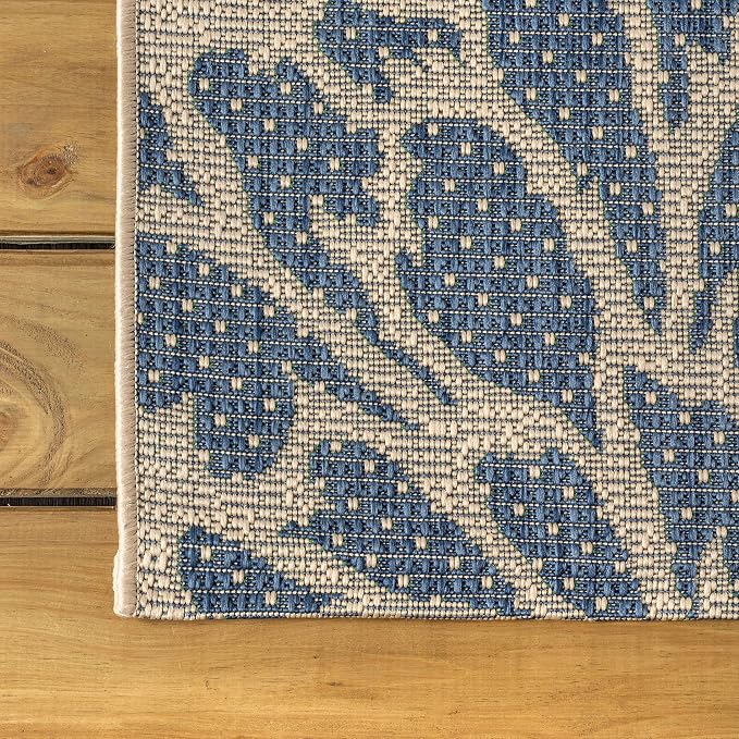 JONATHAN Y Floral Textured Weave Indoor Outdoor Round Area Rug 6 Ft Navy/Green, Zinnia Modern for Backyard, Patio, Porch, Easy-Cleaning, High Traffic, Pet-Friendly, Non-Shedding (SMB110B-6R)