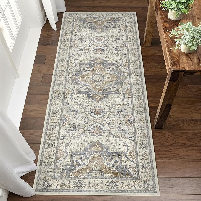 2x6 Washable Kitchen Runner Rug, Non Slip Vintage Runner Rugs for Hallway, Ultra-Thin Low Pile Distressed Kitchen Rugs Non Skid, Machine Washable Laundry Entryway Indoor Carpet,Beige/Blue