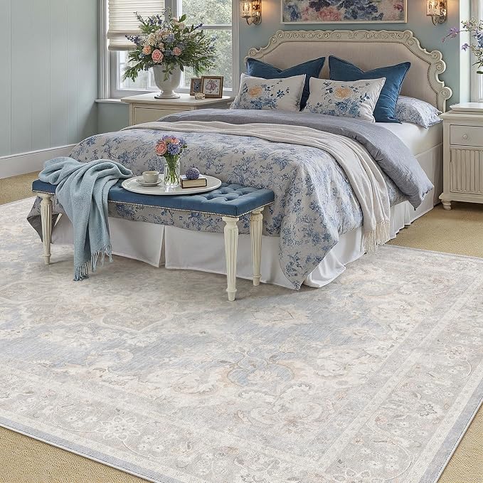 PureCozy 10x14 Area Rug Washable Blue Vintage Oriental Medallion | Non Slip, Soft Low Pile, Indoor Carpet for Living Room, Bedroom, Dining Room, Retro Decor