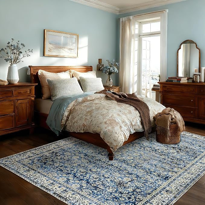 Blue Distressed Carpet Multi Rug Kitchen Living Room Bedroom Dining Room,6x9 Cover Print,Vintage Design Flower Area Rug
