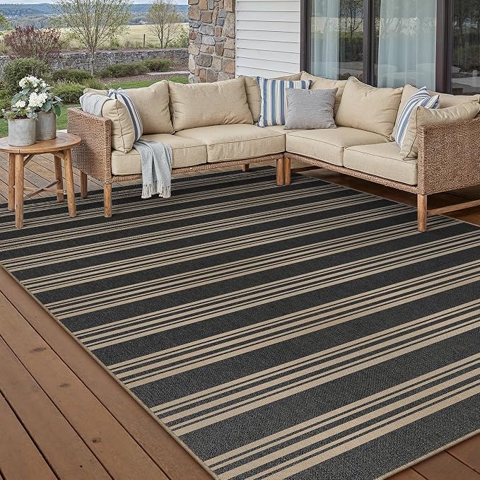 PureCozy Outdoor Rug 8x10 Washable Striped Jute Look Non Slip Carpet | Black and Tan Stripe Farmhouse Style, Indoor Outdoor Area Rug for Patio, Living Room, Dining Room, Non Shedding, Neutral Rugs