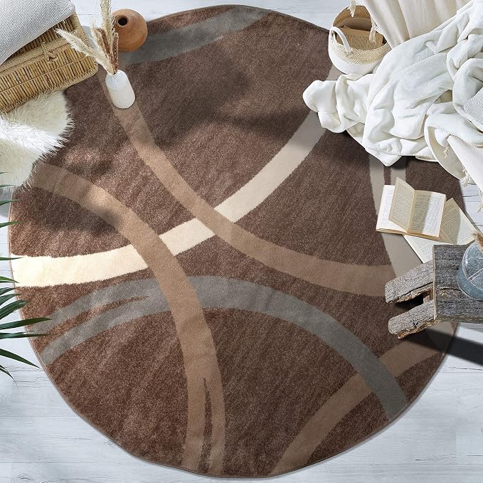 Rugshop Wavy Circles Modern Jute Backing Living Room Round Rug Brown 8'
