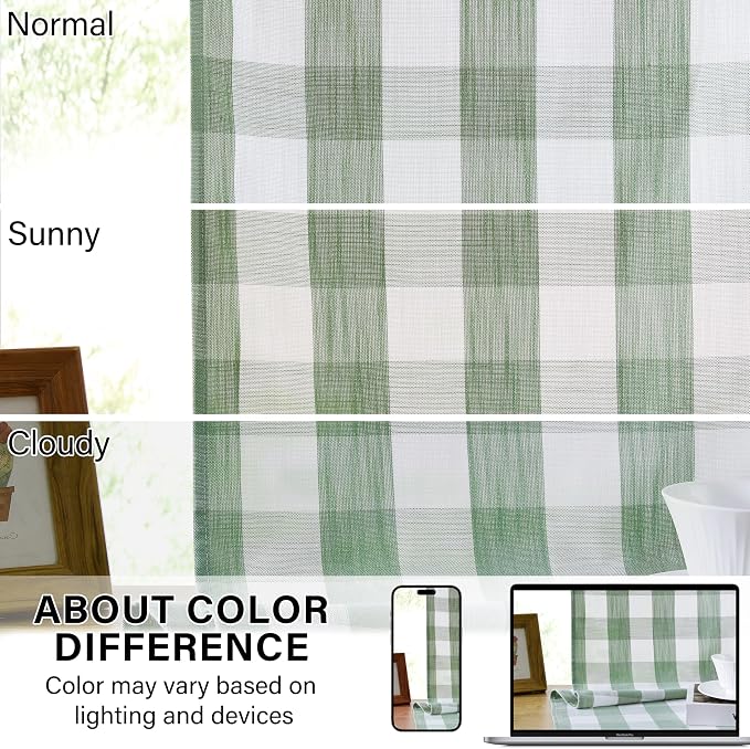 Short 63 Inch Sage Green White Buffalo Plaid Semi Sheer Curtains | Light Filtering Panels,Yarn Dyed Fabric,Farmhouse Window Treatment for Bedroom Nursery Room,Rod Pocket,40"Wx63"Lx2