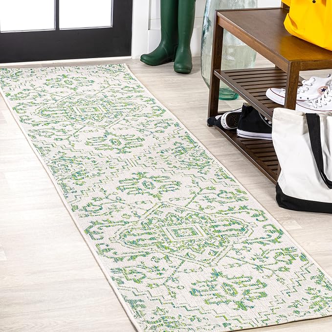 JONATHAN Y Boho Medallion Indoor Outdoor Runner Rug 2X8 Green/Cream, Estrella Textured Weave for Backyard, Patio, Porch, Easy-Cleaning, High Traffic, Pet-Friendly, Non-Shedding (SMB105G-28)