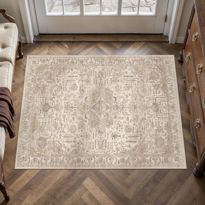 HUGEAR 2x3 Entryway Rug Beige Machine Washable Rug Room Decor Vintage Distressed Small Area Rugs Indoor Door Mat Low Pile Non Slip Carpet for Kitchen Living Bedroom Soft Lightweight