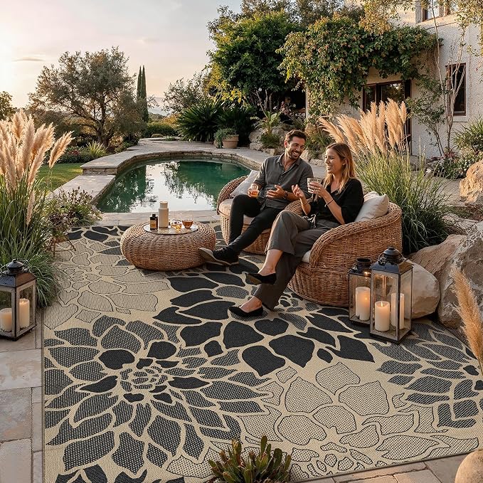 PureCozy 8x10 Easy Jute Outdoor Rug Black Floral Textured Indoor Outdoor Area Rug Farmhouse Patio Carpet for Backyard, Patio, Porch, Easy-Cleaning, High Traffic, Pet-Friendly, Non-Shedding